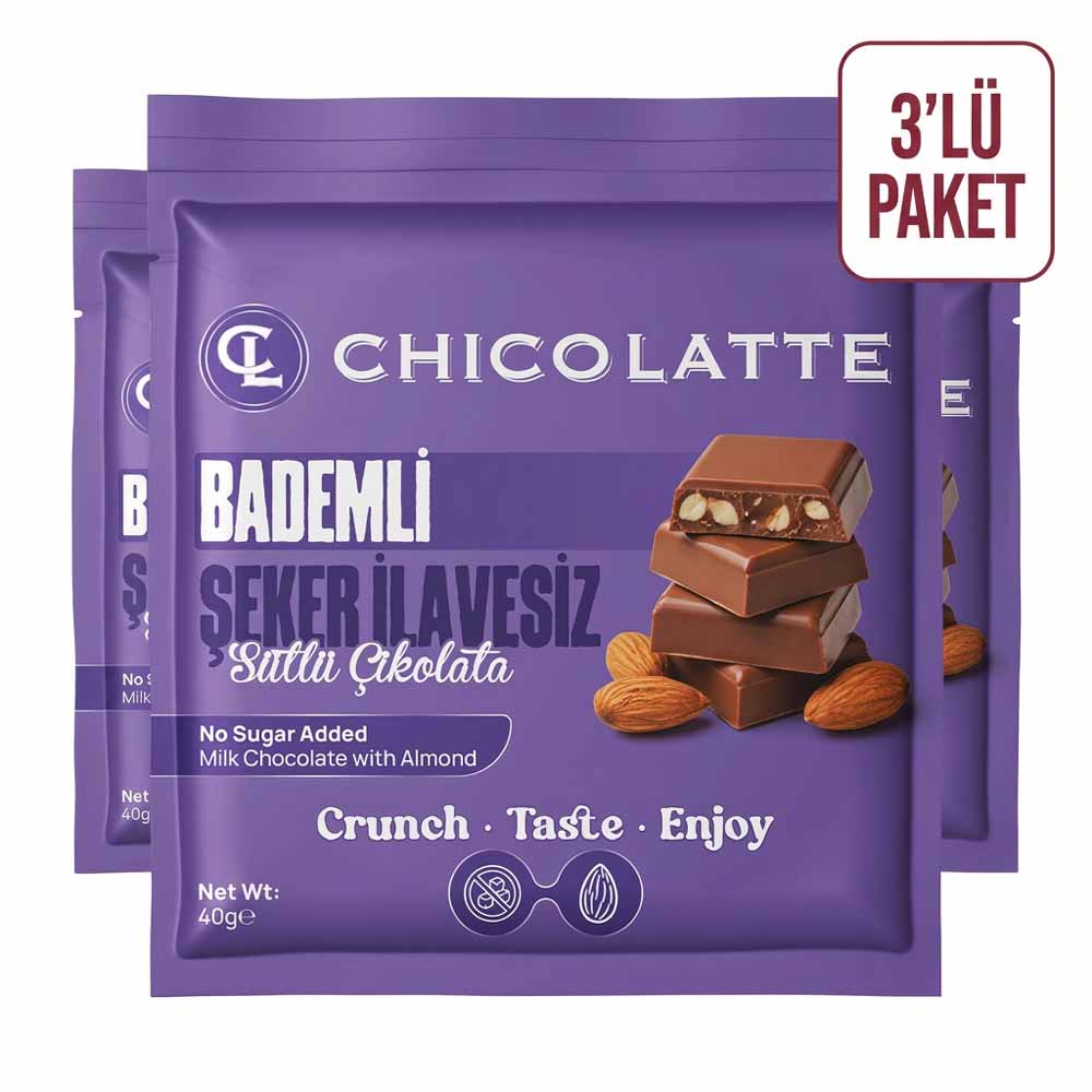 Şeker İlavesiz Sütlü Bademli Çikolata